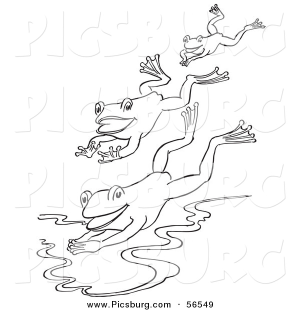 Clip Art of a Three Frogs Jumping into a Pond - Black and White Line Art
