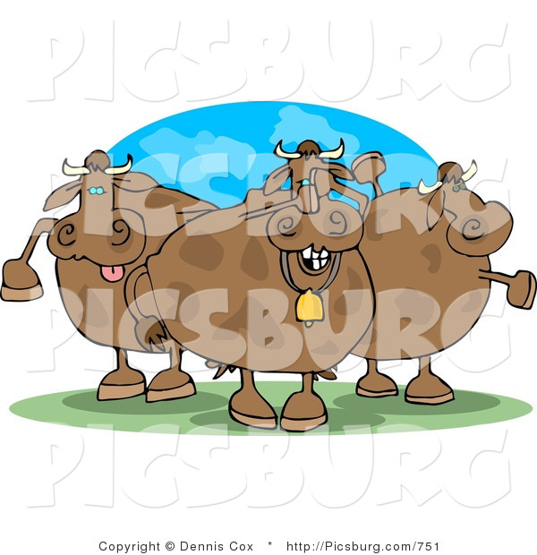 Clip Art of a Trio of Spotted Goofy Cows on Pasture