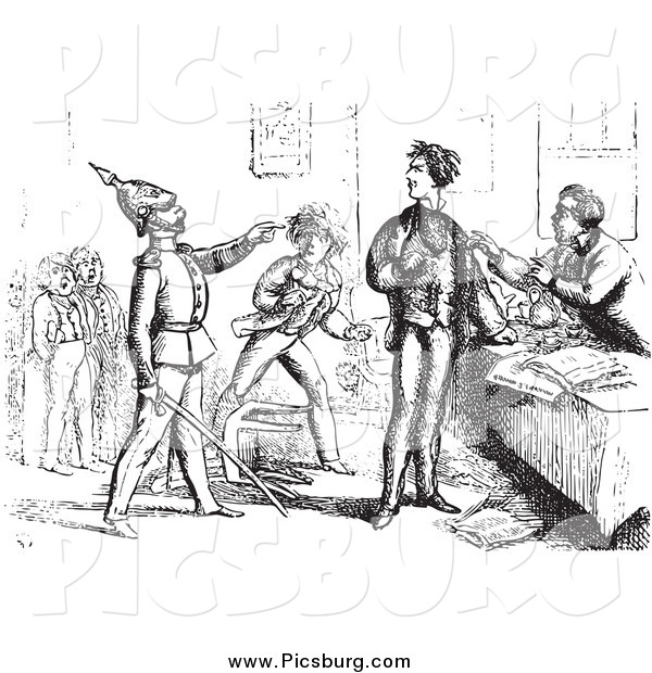 Clip Art of a Vintage Guard Pointing at a Man, in Black and White