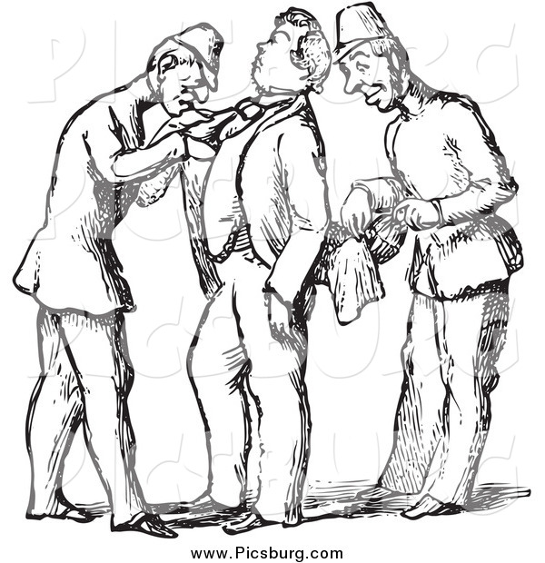 Clip Art of a Vintage Guards Searching a Man in Black and White
