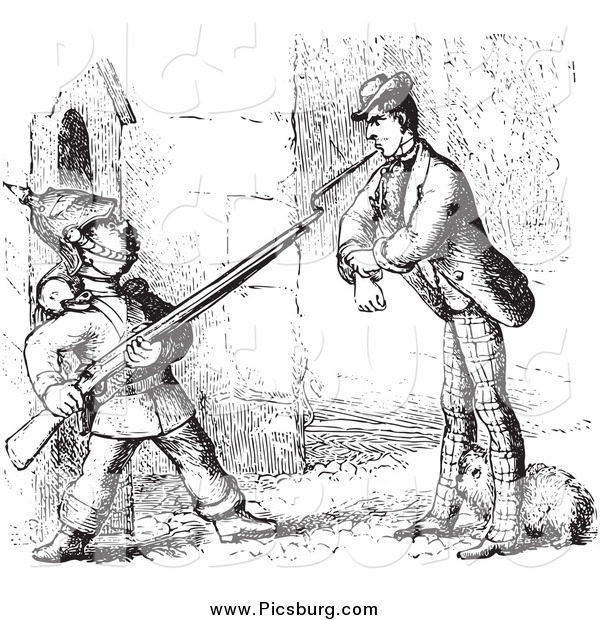Clip Art of a Vintage Man Defending a Dog from a Guard in Black and White