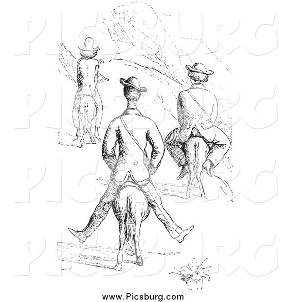 Clip Art of a Vintage Men on Tiny Horses, in Black and White