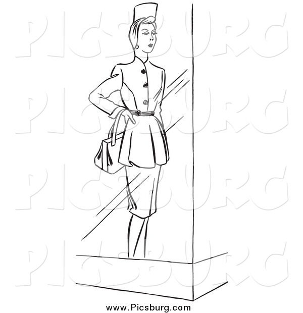 Clip Art of a Vintage Store Window Mannequin Display Model in a Dress, Black and White