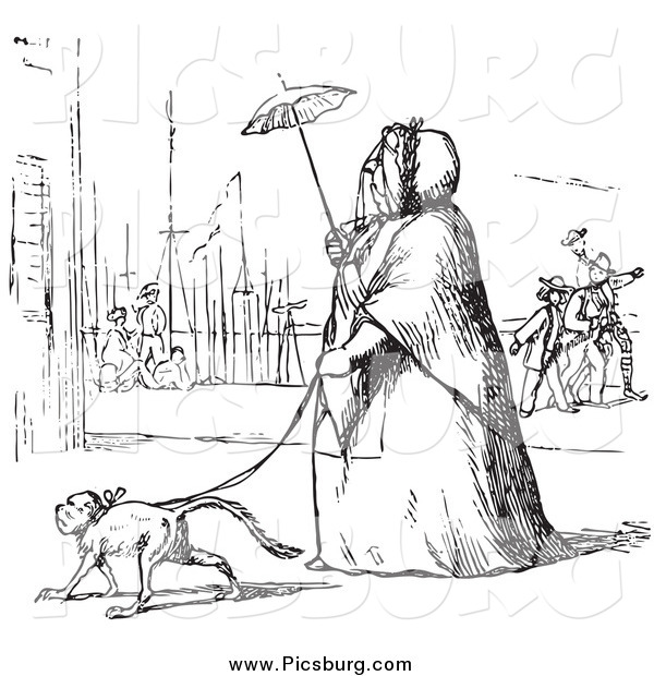 Clip Art of a Vintage Woman Walking a Dog in Black and White