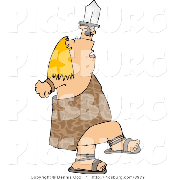 Clip Art of a Warrior Dancing with Sword Pointed up to the Sky