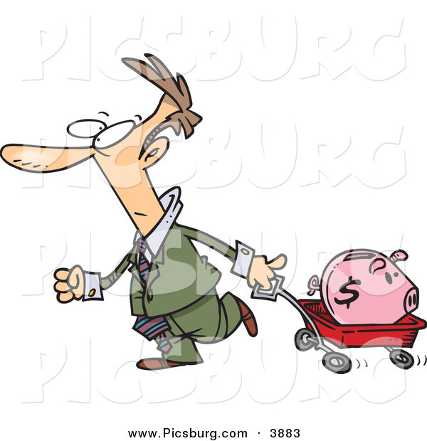 Clip Art of a White Man Pulling a Piggy Bank in a Red Wagon