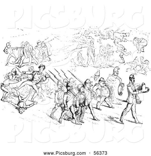 Clip Art of an Argument Between Men and Soldiers in Black and White
