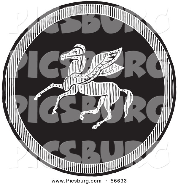 Clip Art of an Old Fashioned Vintage Black and White Emblazoned Pegasus Shield