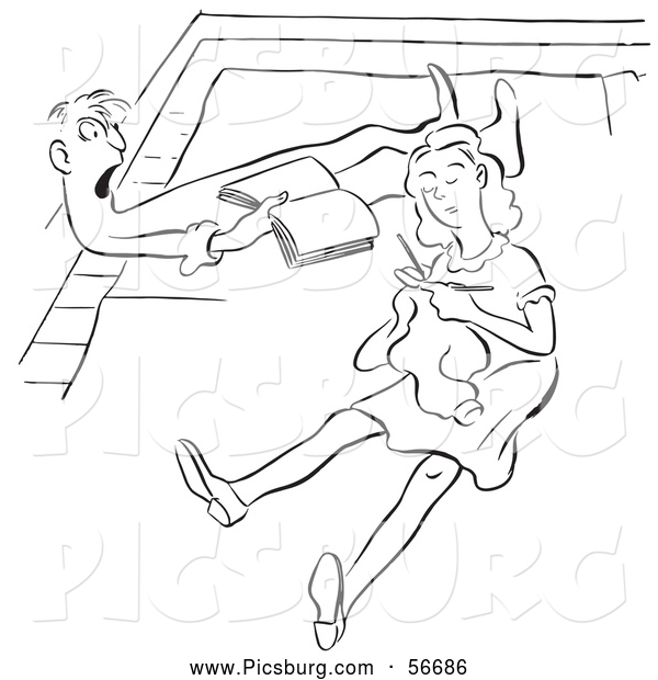 Clip Art of an Old Fashioned Vintage Couple Reading and Knitting on Their Floor Black and White