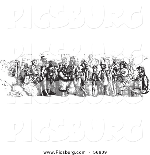 Clip Art of an Old Fashioned Vintage Crowd on a Rhine Boat in Black and White