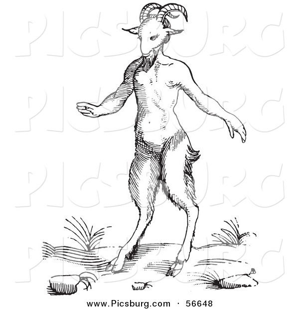 Clip Art of an Old Fashioned Vintage Fantasy Satyr or Pan Black and White