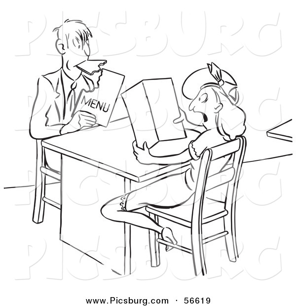 Clip Art of an Old Fashioned Vintage Hungry Man Eating His Menu While out with a Lady Black and White