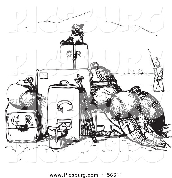 Clip Art of an Old Fashioned Vintage Little Dog with a Pile of Luggage in Black and White