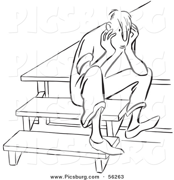 Clip Art of an Upset Boy Sitting on Steps - Black and White Line Art