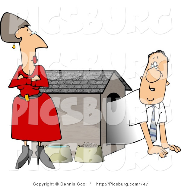 Clip Art of an Upset Moody Wife Watching Husband Crawl out of the Doghouse