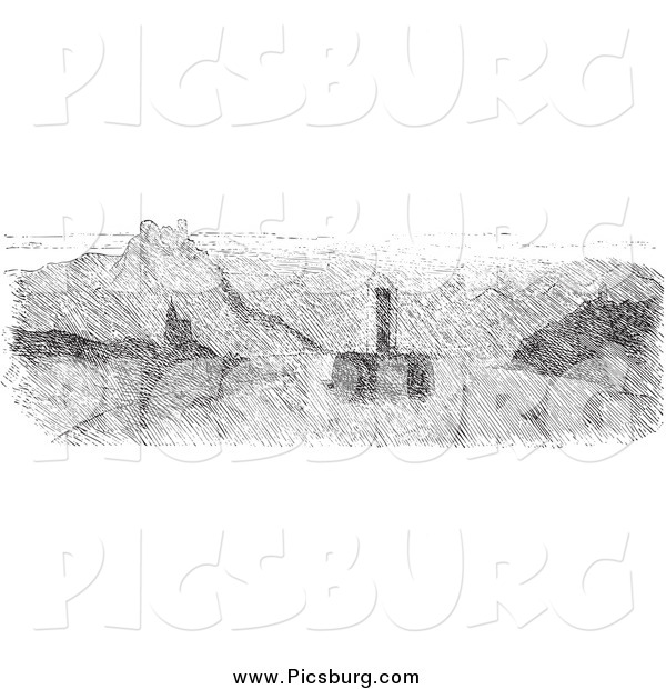 Clip Art of Fog on the Rhine, in Black and White