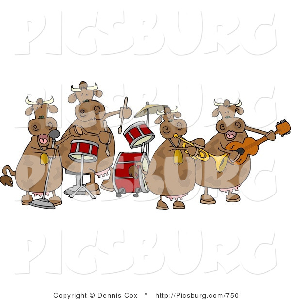 Clip Art of Four Spotted Brown Female Cows Playing in a Music Band