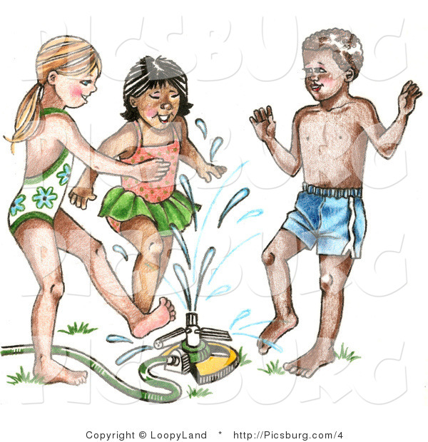 Clip Art of Happy Summer Children Running Through a Sprinkler