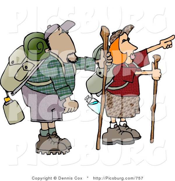 Clip Art of Male and Female Hikers Hiking with Backpacks, Canteens, Sleeping Bags, and Walking Sticks, Pointing off in the Distance at Something