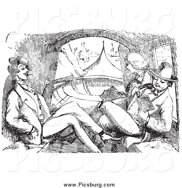 Clip Art of Retro Men in a Carriage in Black and White