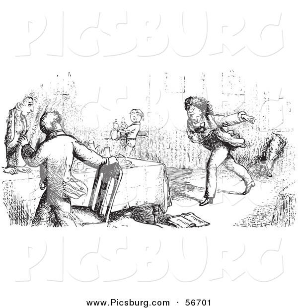 Clip Art of Retro Vintage Men Panicking in a Restaurant in Black and White