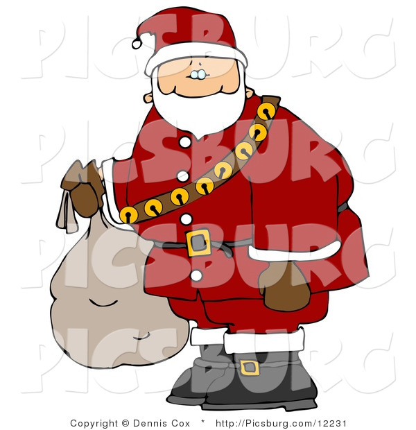 Clip Art of Santa Carrying Bag of Toys and Wearing a Jingle Bell Belt