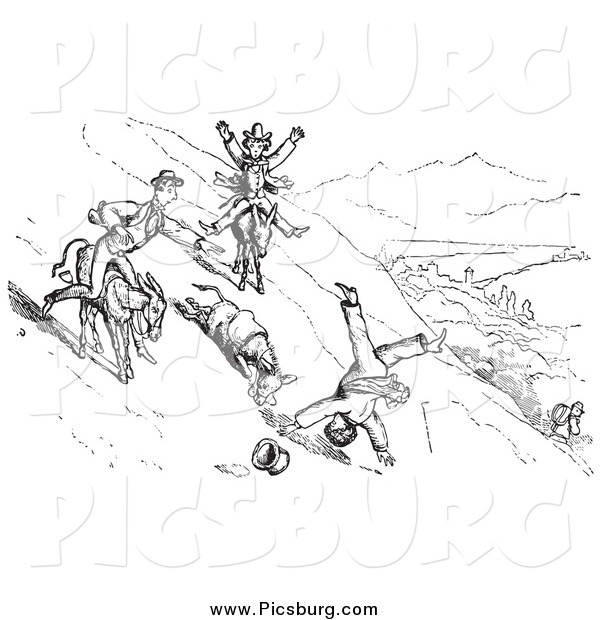 Clip Art of Vintage Man Falling off a Donkey on a Hillside