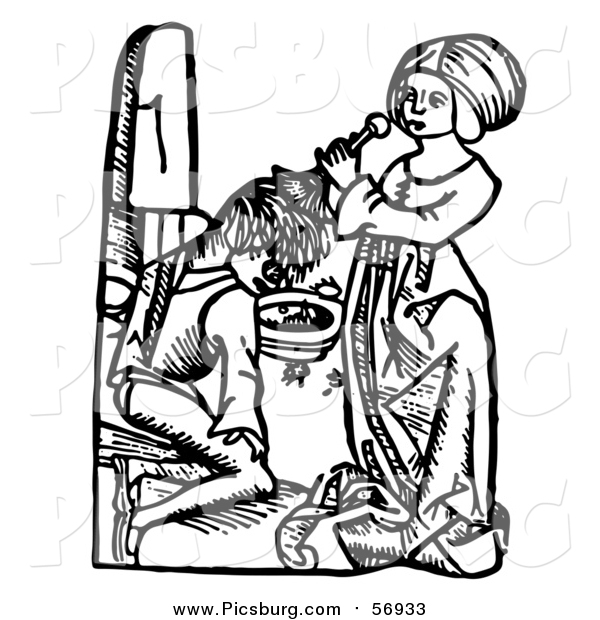 Vector Clip Art of a Black and White Medieval Woman Cleansing a Man's Scalp of Dandruff or Headlice with Broom-Rape