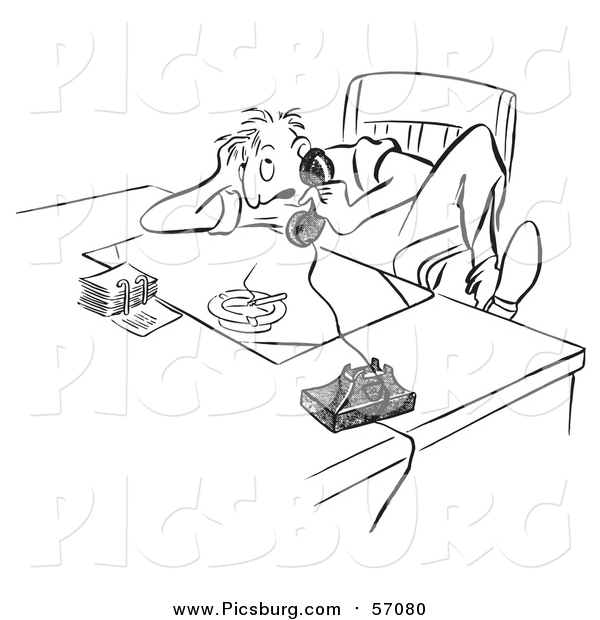 Vector Clip Art of a Black and White Sketched Stressed Man Talking on a Phone at a Desk with a Burning Cigarette in an Ash Tray