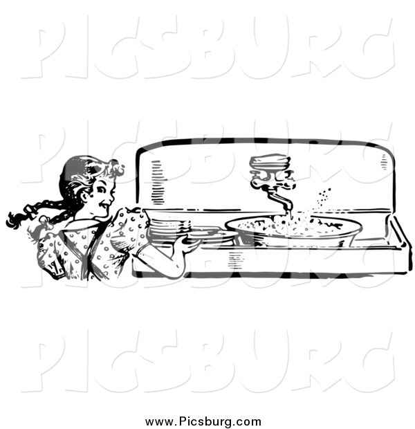 Vector Clip Art of a Smiling Girl Washing Dirty Dishes in a Sink - Black and White Retro Version