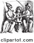 Clip Art of a Black and White Vintage Boy Between Soldiers Comparing Swords by Picsburg