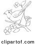 Clip Art of a Cardinal Bird on a Blossoming Tree Branch - Black and White Line Art by Picsburg