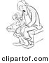Clip Art of a Tired Worker Eating Unpalatable Sandwich for Lunch - Black and White Line Art by Picsburg