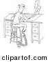 Clip Art of a Working Businessman Chained to a Chair While Watching Attractive Young Lady Walk by in Front of Him - Black and White Line Art by Picsburg