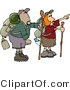 Clip Art of Male and Female Hikers Hiking with Backpacks, Canteens, Sleeping Bags, and Walking Sticks, Pointing off in the Distance at Something by Djart