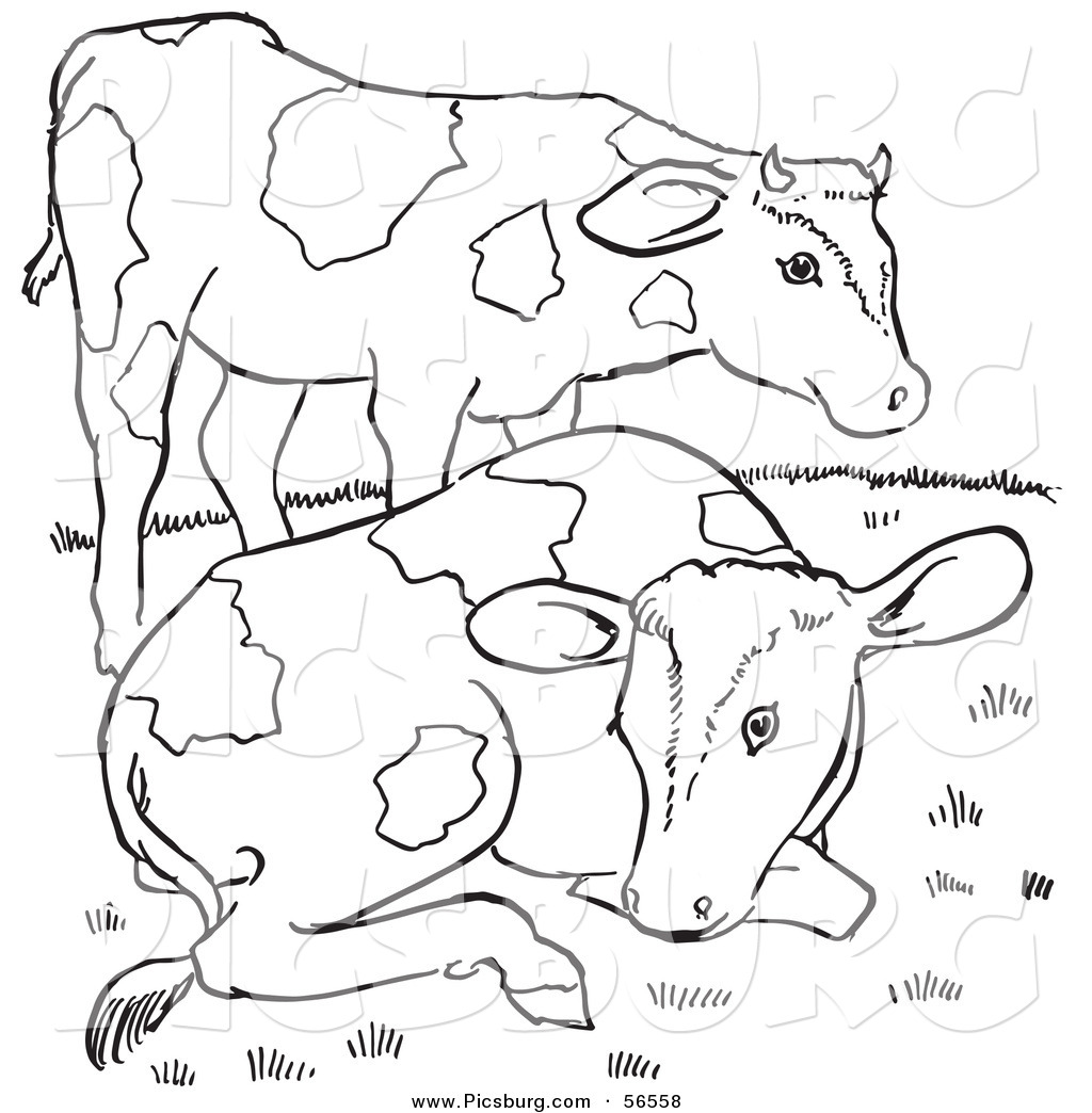 Clip Art of Two Farm Cows on a Hill - Black and White Line Art by