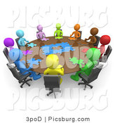 Clip Art of 3d People Holding a Meeting and Trying to Solve a Jigsaw Around a Large Rectangular Conference Table in an Office by