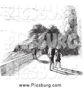 Clip Art of a Black and White People by Castle Ruins in Black and White by Picsburg