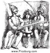 Clip Art of a Black and White Vintage Boy Between Soldiers Comparing Swords by Picsburg