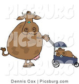 Clip Art of a Caring Mother Cow Pushing Her Calf in a Baby Stroller by Djart