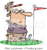 Clip Art of a Caucasian Male Golfer Standing by a Golf Ball on Top of a Red Flag on the Green by Toonaday