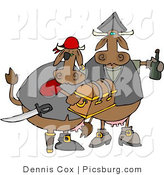 Clip Art of a Couple of Brown Cow Pirates Carrying Treasure Chest and Bottle of Rum in Their Hands by Djart