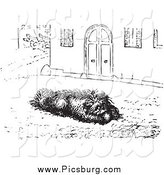 Clip Art of a Dog Eating Sausage on a Street, in Black and White by Picsburg