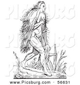 Clip Art of a Fantasy Hairy Woman Creature Walking with a Child - Black and White Line Drawing by Picsburg