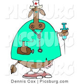 Clip Art of a Female Nurse Cow in Scrubs Holding a Syringe and a Bottle of Peroxide in Hand by Djart