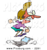 Clip Art of a Furious Woman Jumping on a Laptop Computer by Toonaday