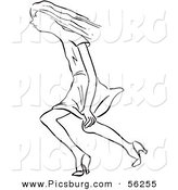 Clip Art of a Girl Holding Dress down in Windy Weather - Black and White Line Art by Picsburg