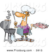 Clip Art of a Grinning Cook Man Preparing to Barbeque Ribs on a Gas Grill by Toonaday