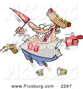 Clip Art of a Grinning Male Baseball Fan with a Hot Dog Hat, Flag, Hand and Drinks by Toonaday