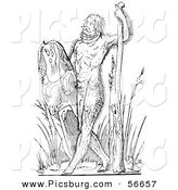 Clip Art of a Hairy Savage Man Creature - Fantasy Black and White Line Drawing by Picsburg